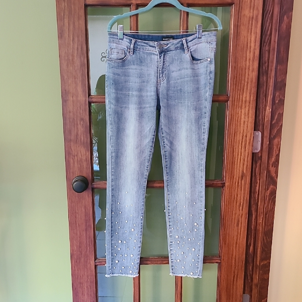 bebe Light Blue Straight Leg Jeans with Pearl Details
